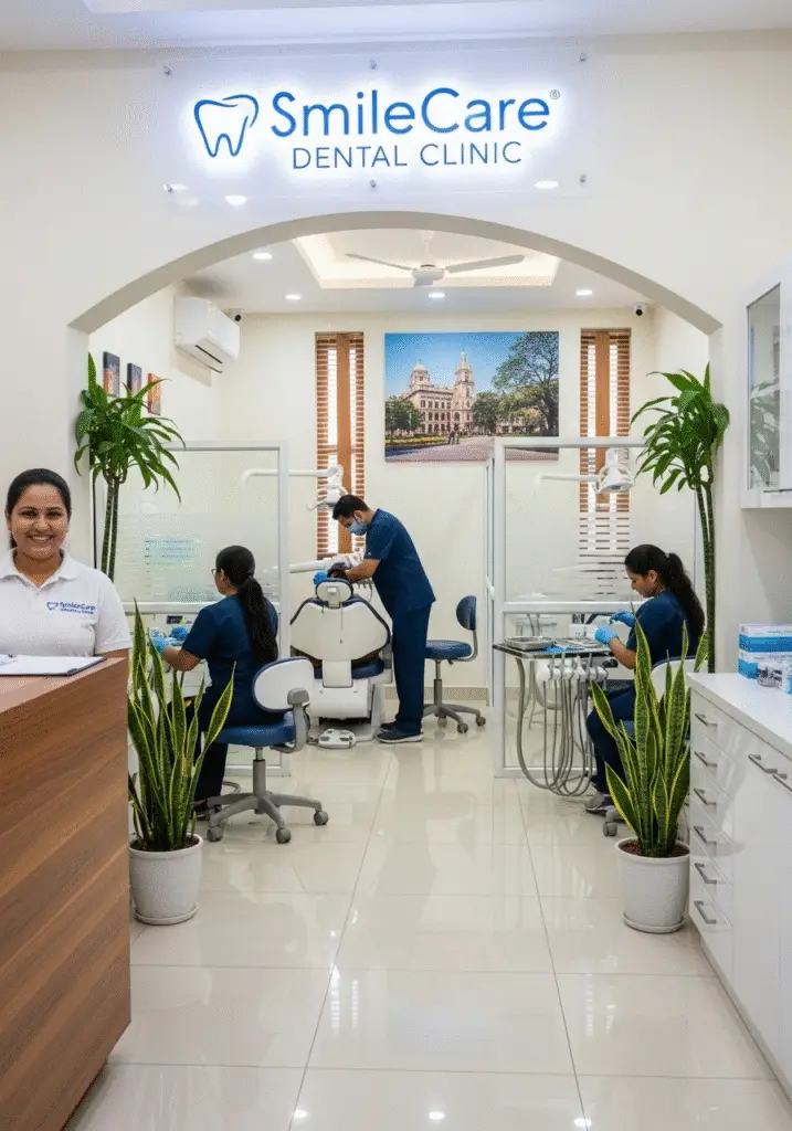 SmileCare Dental Clinic reception and treatment area, showcasing Axom Innovation's AI Assistant impact.
