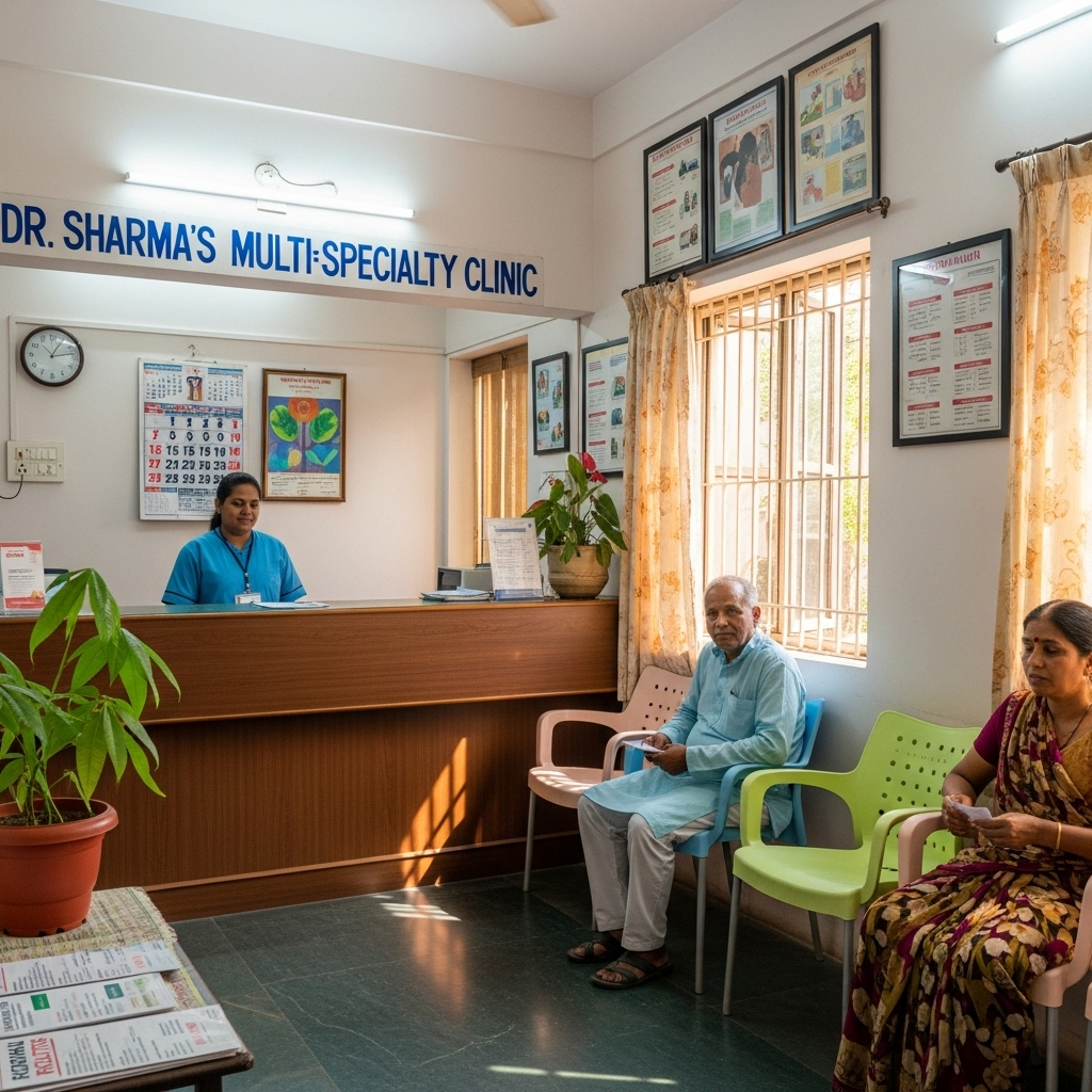Dr. Sharma's Multi-Specialty Clinic reception improved by Axom Innovation's WhatsApp AI Assistant.